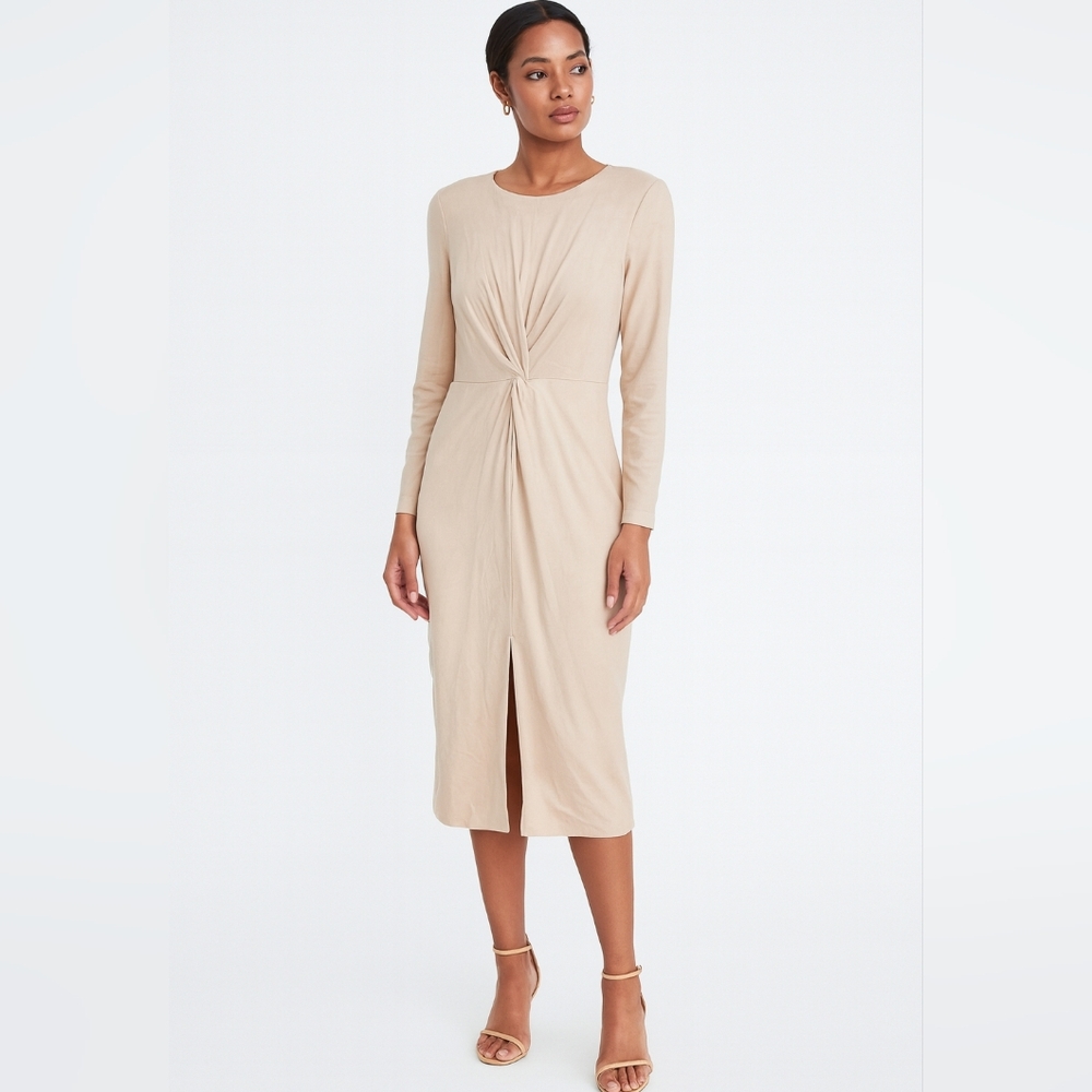 Nicole Miller Beige Faux Suede Long Sleeve Midi Dress Size 12 Bodycon